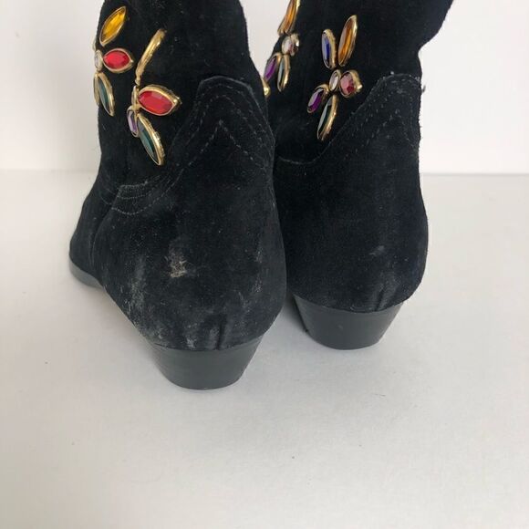 J Bar J black suede cowgirl boots with floral rhinestones on the shaft. - Picture 7 of 8